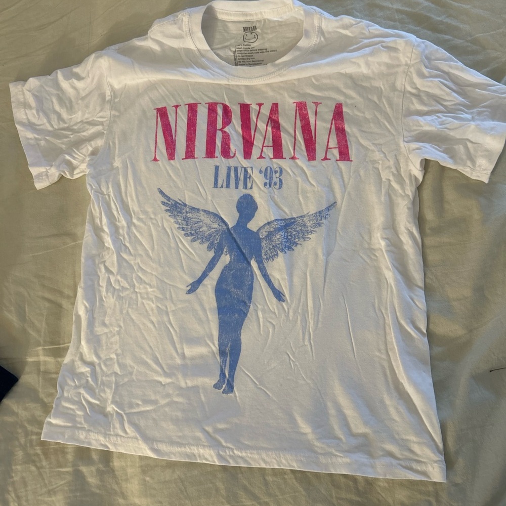 NIRVANA Y2K White Tee with Pink and Blue Angel Graphic